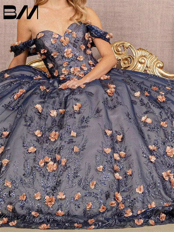 Блестящее бальное платье Quinceanera с открытыми плечами, платье для выпускного вечера с 3D цветочной аппликацией, милое платье 16, вечернее платье на заказ