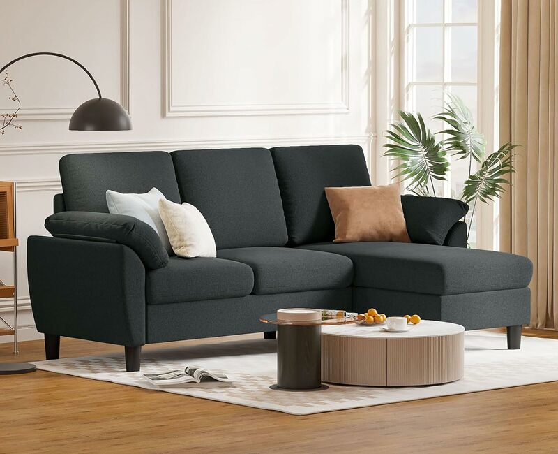 Sofa bagian konvertibel 79 inci, Sofa kursi kecil bentuk L 3 bagian dengan kursi reversibel, Sofa Linen Modern