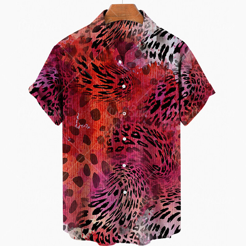 Рубашка мужская оверсайз с коротким рукавом, гавайская модная сорочка с леопардовым принтом, тонкий лацкан, с 3D принтом, в стиле кэжуал
