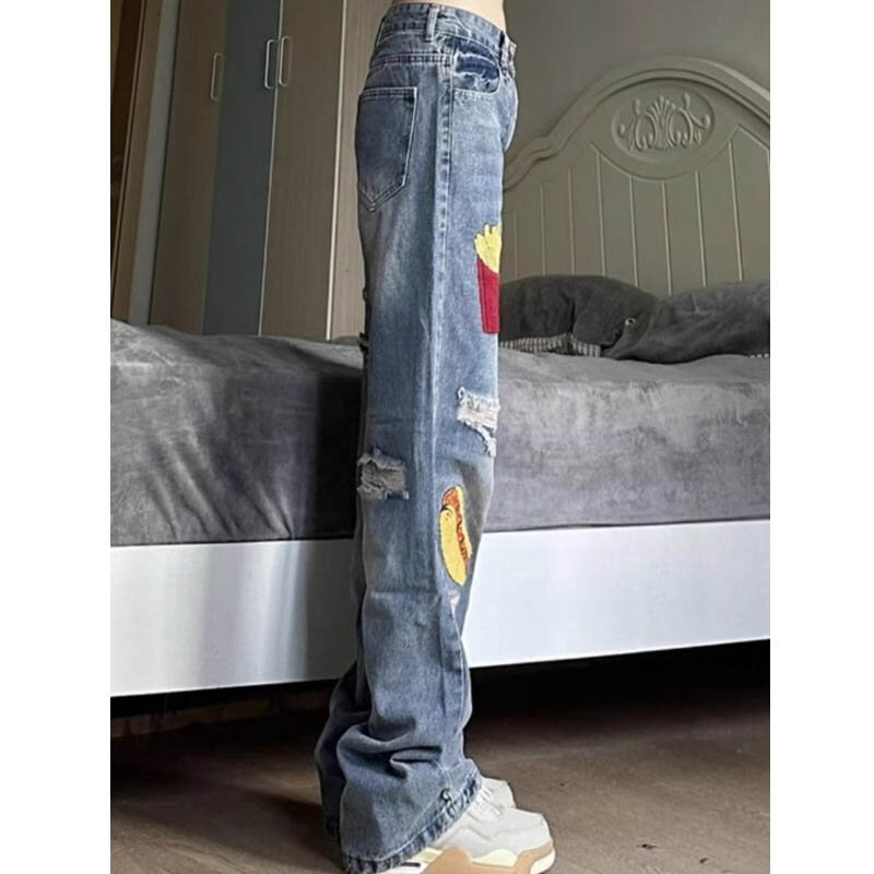 Jeans rasgado estilo americano para mulheres, cintura alta, comprimento total, calça jeans reta feminina, patchwork versátil, moda de rua alta