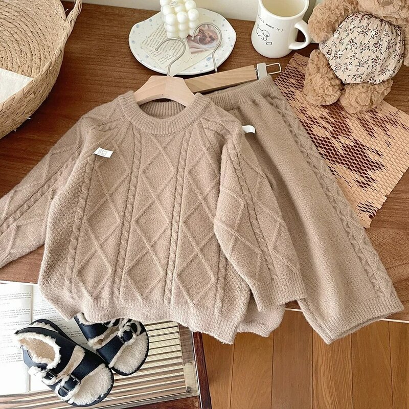 Girls' Winter Fashionable Knitted Set 2023 New Children's Fashion Pullover Autumn/Winter Korean Style FashionTwo Piece Set