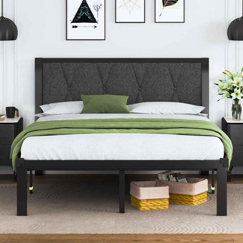 Rangka tempat tidur logam dengan tombol kain papan depan berumbai, rangka tempat tidur Platform dengan bilah logam tugas berat