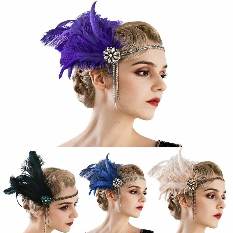 Women 1920s Party Flapper Headband Rhinestone Pearl Dress Accessories Feather Hair Band