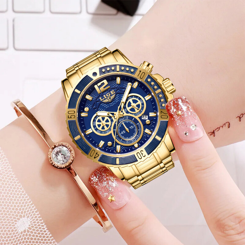 LIGE-Relógio de pulso feminino impermeável em aço inoxidável, relógios para senhoras, marca superior, moda luxo