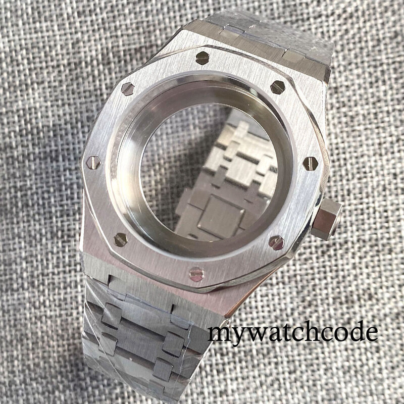 Aço inoxidável escovado octogonal Watch Case, Movimento Caseback Vidro, Sapphire Vidro, 42mm, Fit para NH35, NH36, NH34