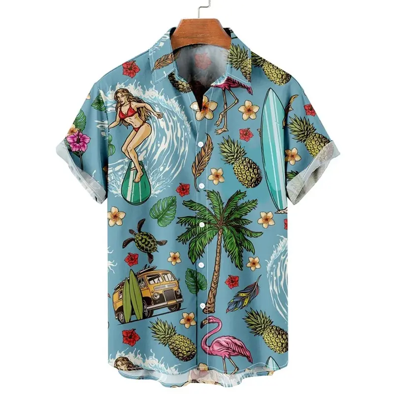 Модная гавайская рубашка с принтом, Пляжная Классическая рубашка с коротким рукавом и принтом автомобиля в стиле ретро, мужские рубашки, повседневная мужская одежда