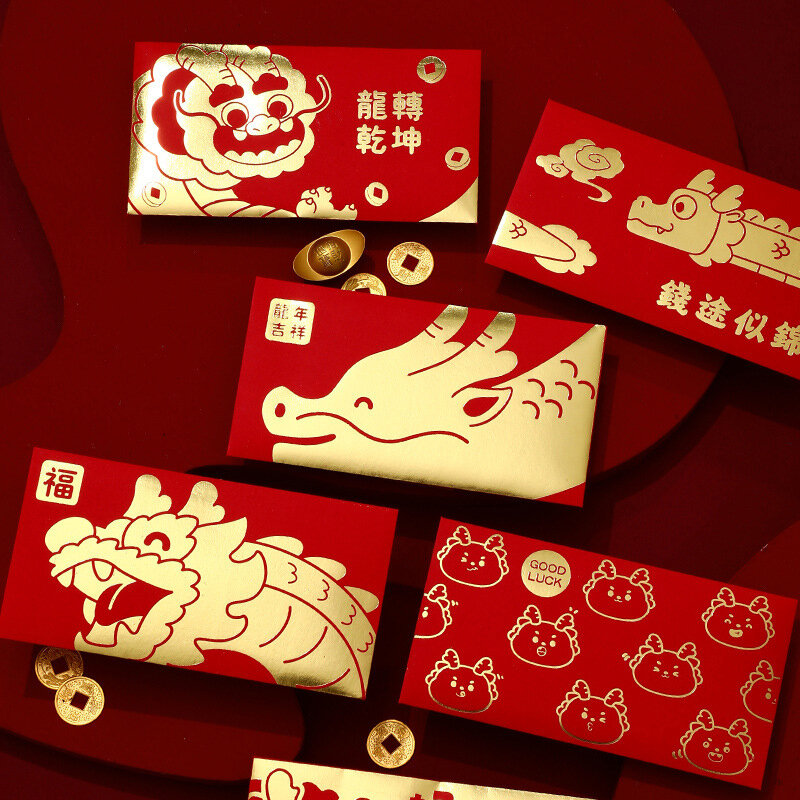 6 шт., красные конверты с надписью «дракон»