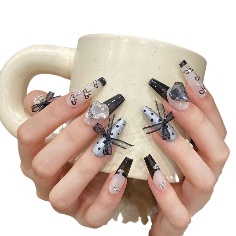Балетная актриса ручной подделки ногтей черные французские ногти дизайнер бабочки балерины и девушки износостойкие ногти
