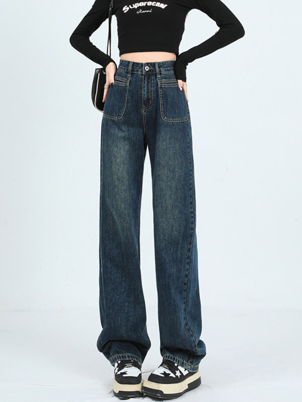 Jeans retrô reto estilo europeu para mulheres, calça simples para esfregar, casual aconchegante, fundo avançado, moda universitária versátil