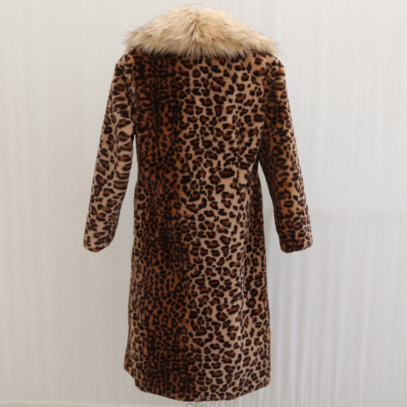 Casaco de pele de raposa de leopardo feminino, jaqueta longa, sobretudo fofo quente, cardigã de gola espessa, inverno 2020
