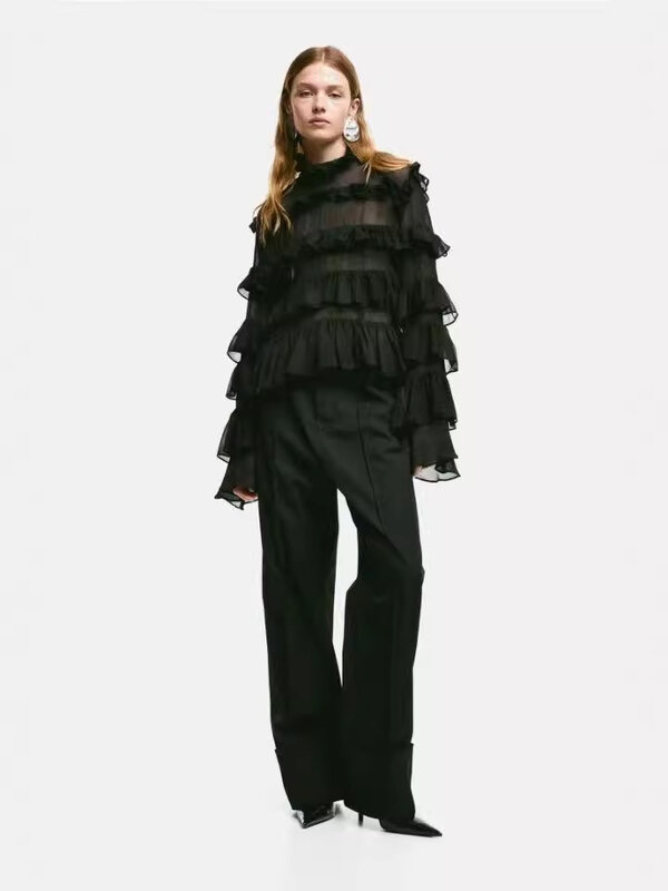 2024 European Fashion Stand Collar Ruffles Chiffon Blouse Women Spring Summer Vintage Loose Long Sleeve Shirt Tops F402