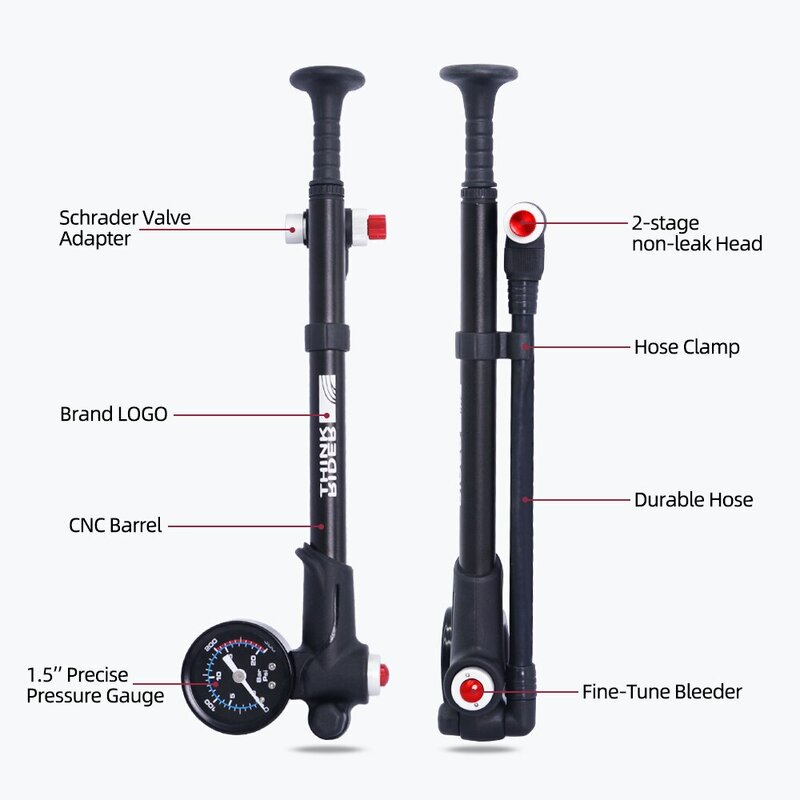 ThinkRider pompa udara sepeda portabel, pompa udara sepeda tekanan tinggi 300psi dengan pengukur untuk garpu & belakang penyerap guncangan suspensi gunung