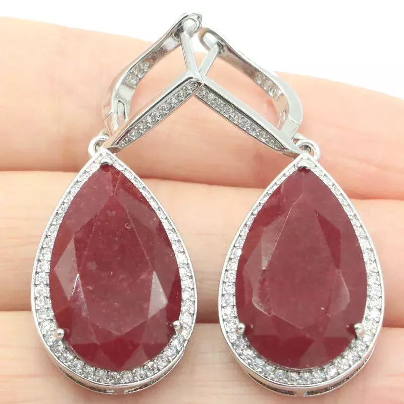 13g Customized 925 SOLID STERLING SILVER Earrings Water Drop Gemstone Real Blue Sapphire Real Red Ruby CZ Women Engagement