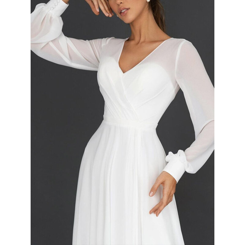 Gaun pengantin putih sifon lengan panjang leher V seksi elegan gaun pesta panjang Formal Malam Wanita 2024 musim panas