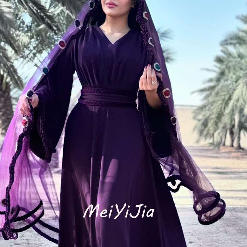 Meiyijia-A-Line فستان سهرة بثنيات ، وشاح برقبة حرف V ، أكمام طويلة ، المملكة العربية السعودية ، مثير ، ملابس نادي أعياد الميلاد ، الصيف ، ، ، ، ،