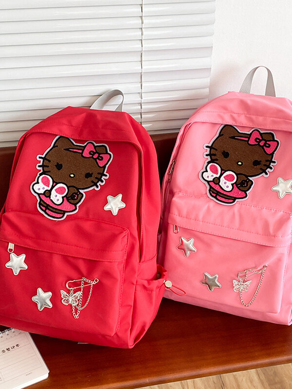 Sanrio tas ransel anak perempuan, tas punggung anak perempuan, warna merah muda, bintang perak, Y2K, tas bahu kapasitas besar, tas sekolah estetika siswa
