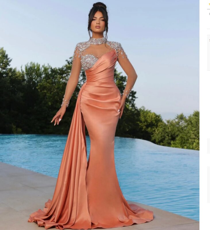 Eleganckie suknie wieczorowe z syrenką koralową z koralikami długa kołnierzyk na imprezę bal sukienka iluzja długie rękawy plisa długa sukienka فساتين سهرة