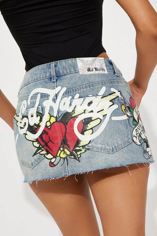 Hip-hopowa czaszka Streetwear spódnica Y2K damska wydruk graficzny w stylu Vintage niebieska jeansowa spódniczka dziewczyna z wysokim stanem szczupła gotycka Mini spódniczka