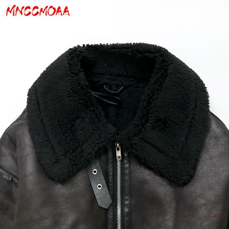 MNCCMOAA pakaian luar kulit imitasi wanita, mantel jaket kulit imitasi hangat tebal longgar mode Musim Dingin 2023