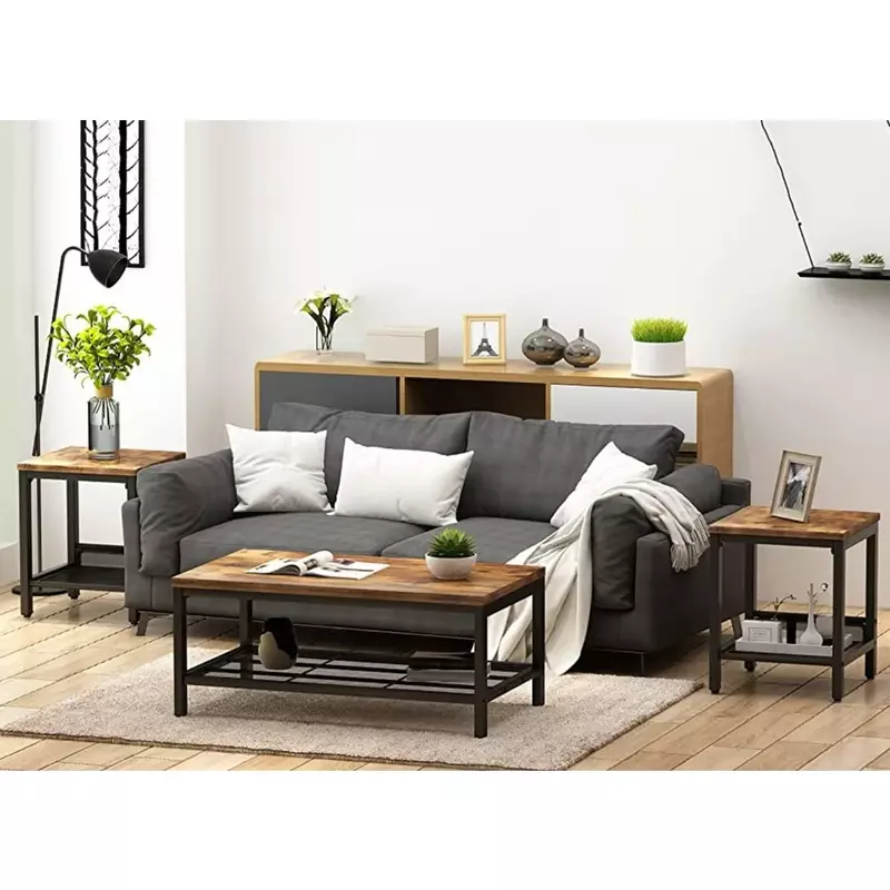 Coffee Table Set( 3 Pieces), Industrial Coffee Table with 2 Square End Side Tables, Coffee Table Set with Metal Frame