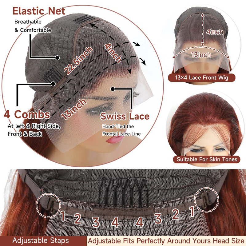 Peluca de cabello humano Marrón rojizo con cierre de encaje 4x4, cabello humano sin pegamento, rojo oscuro, marrón, HD 13x4