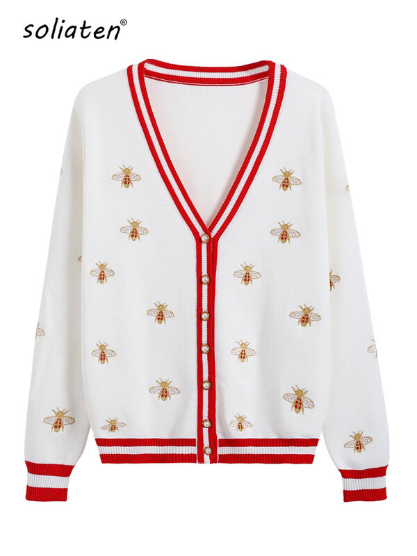 Высококачественный модный дизайнерский кардиган с вышивкой в виде пчелы, однобортный трикотажный свитер контрастных цветов на пуговицах с длинными рукавами