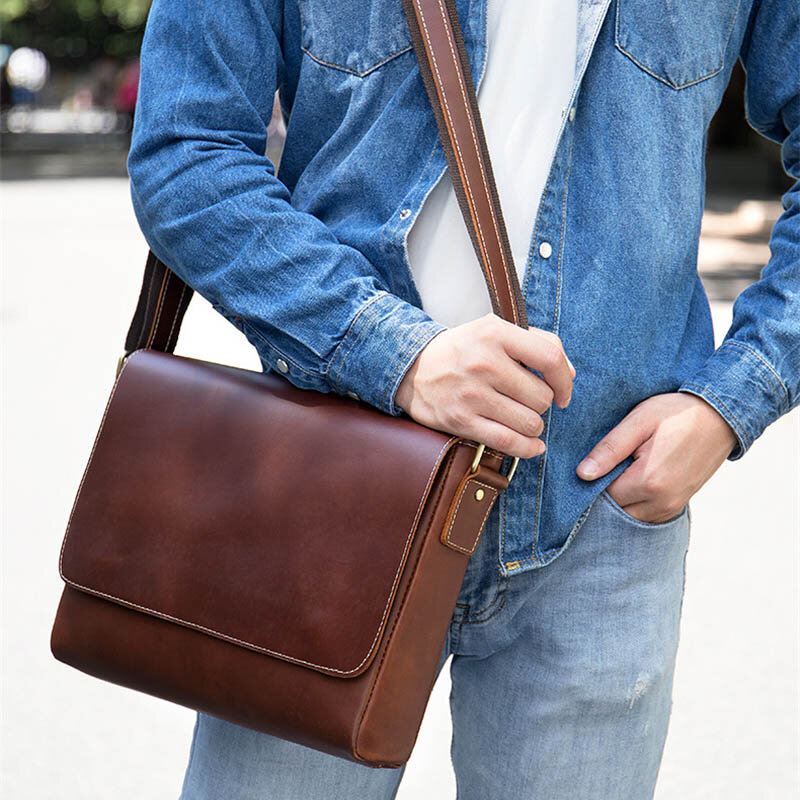 Genuine Leather Messenger Bag For Man Vintage Crazy Horse leather Shoulder Bag Cowhide Magnetic Flap Laptop Crossbody Bag