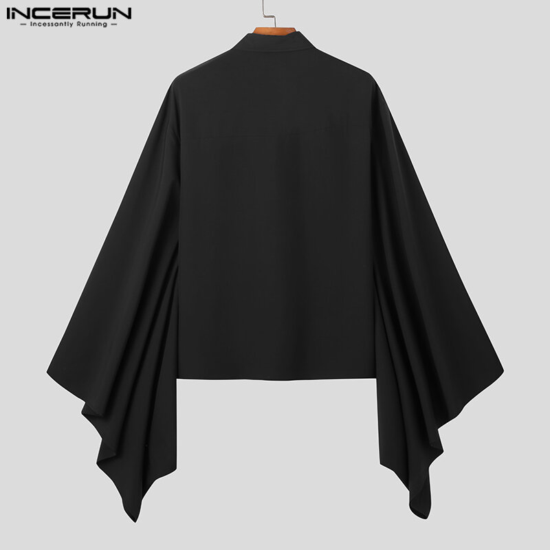 2023 Men Shirt Solid Color Lapel Flare Long Sleeve Button Vintage Casual Men Clothing Loose Streetwear Leisure Shirts INCERUN