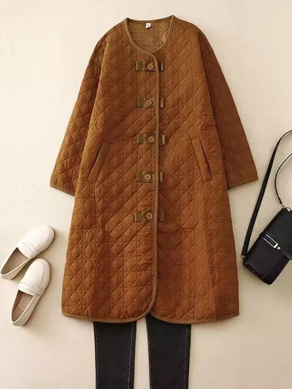 Vintage oversize parki damskie modne w kratę, z guzikami zimowe płaszcze damskie elegancka, długa bawełniany płaszcz damski wyściełane kurtki 1987