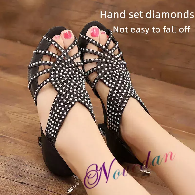 Zapatos de baile de fiesta para mujer, calzado de satén brillante con diamantes de imitación para exteriores/salón, zapatos de baile latino, zapatos de baile de Salsa, tacones altos personalizados