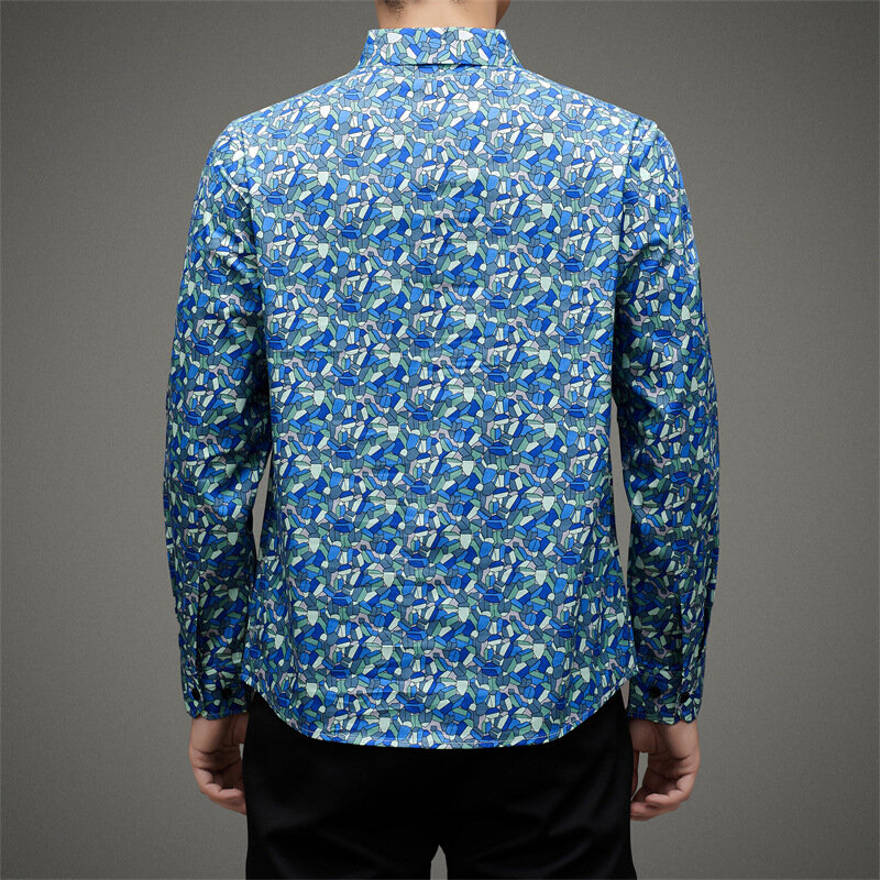 남성용 순면 격자 무늬 셔츠, 긴팔 100% 면 드레스 셔츠, 패치워크 색상 의류, 2023 봄 패션