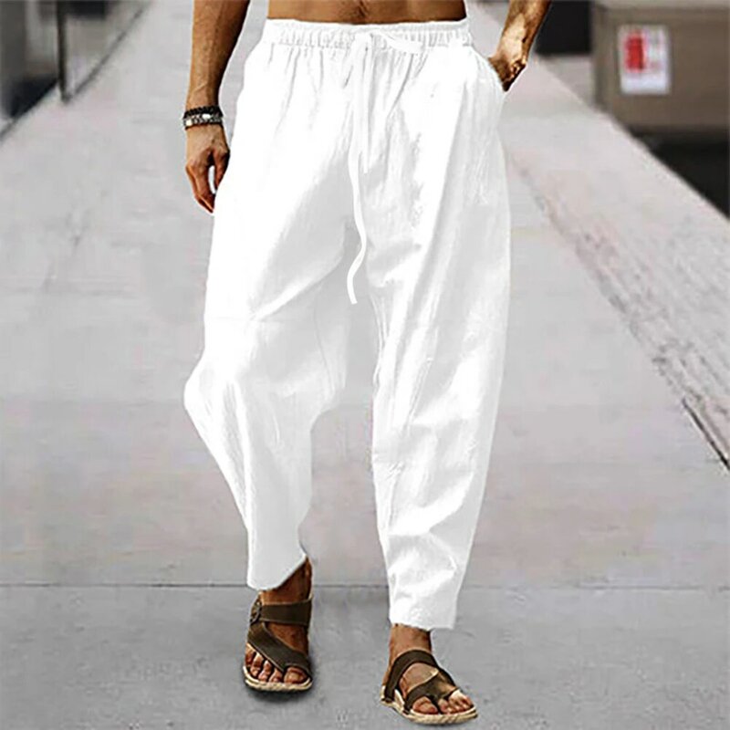 Męskie na co dzień lniane spodnie letnie spodnie ze sznurkiem luźne spodnie lekkie spodnie dresowe 2023 nowe spodnie z szerokimi nogawkami długie haremki