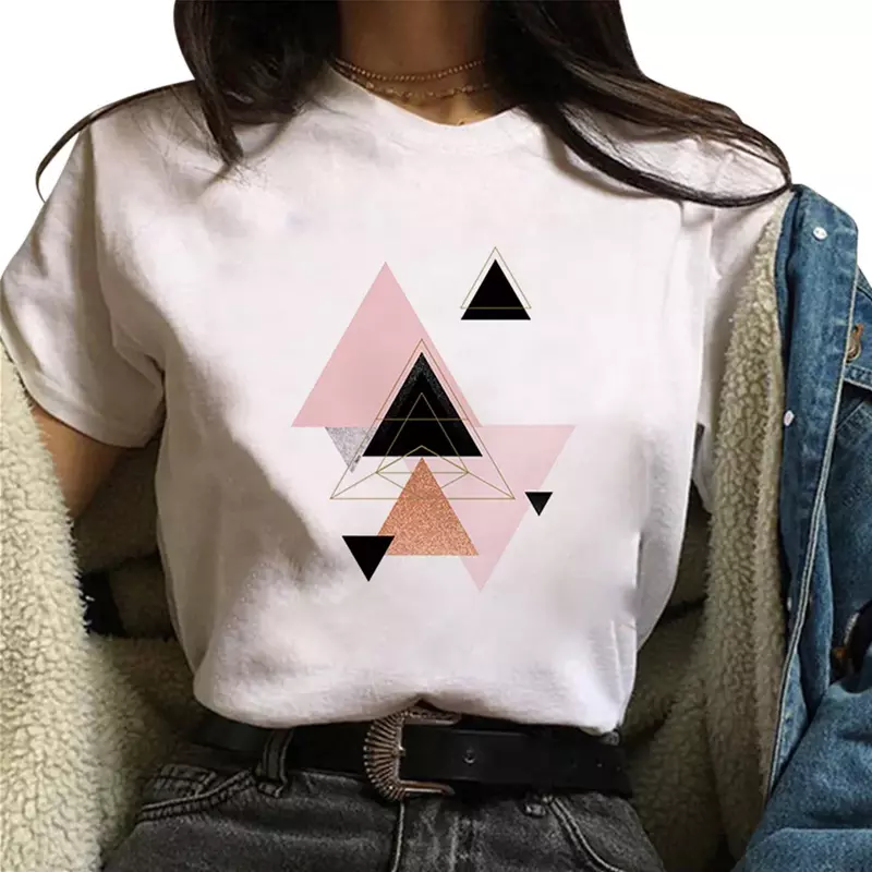 Красивые футболки с геометрическим принтом E25, женские футболки с коротким рукавом