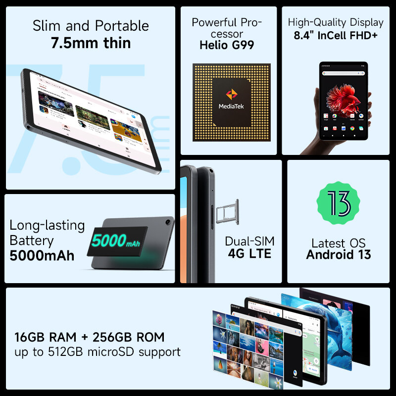Alldocube iPlay50Mini Pro 태블릿, 8.4 인치 FHD, 넷플릭스 L1, 안드로이드 13, Helio G99, 16GBROM + 256GBRAM, 듀얼 SIM, 5GWiFi, 5000mAh