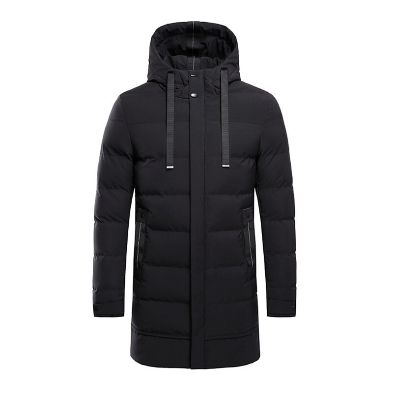 Jaqueta com capuz acolchoada de comprimento médio masculina, casacos casuais, sobretudo solto, roupas grossas, mantém roupas quentes, inverno