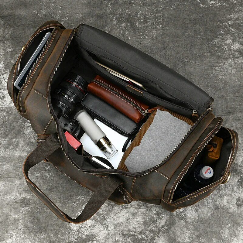 Saco de bagagem de couro masculino de grande capacidade, mochila masculina, sacos Weekender na bagagem, bolsas para a noite