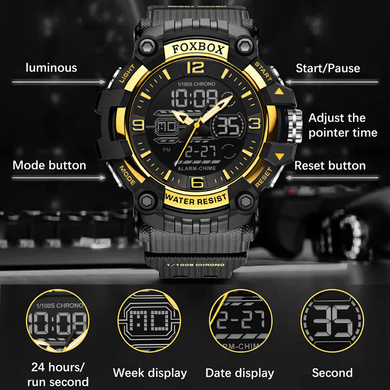 นาฬิกาผู้ชายจอแสดงผลคู่ Lige foxbox แบรนด์ชั้นนำหรูหราแฟชั่นทหารนาฬิกาข้อมือสำหรับผู้ชายดิจิตอลควอตซ์กันน้ำ montre Homme