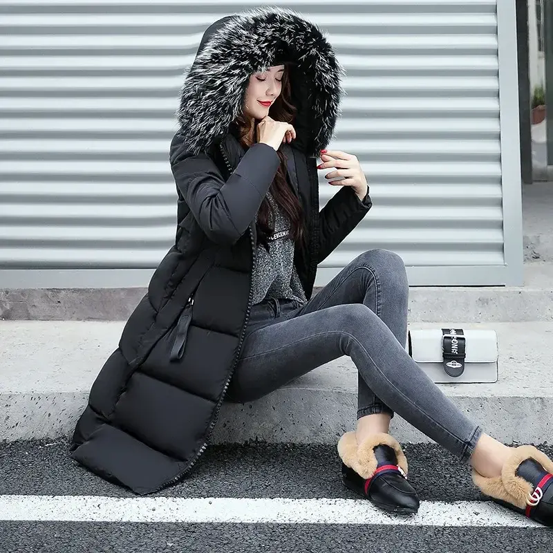 ジッパー付きの女性用ファーカラーのコットンジャケット,コットンパフコート,カジュアルフード付きスウェットシャツ,冬のファッション,3xl