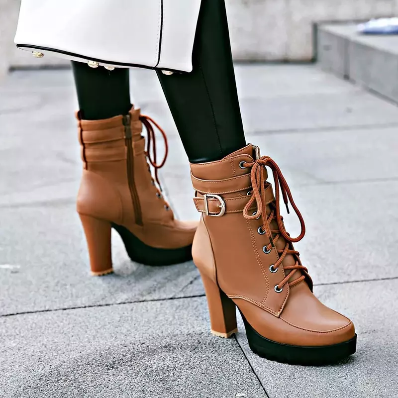 Autumn Winter Classic Buckles Thick Heel Ankle Boots Women's British Style Cross Strap High Heels Retro Chunky Ladies Booties