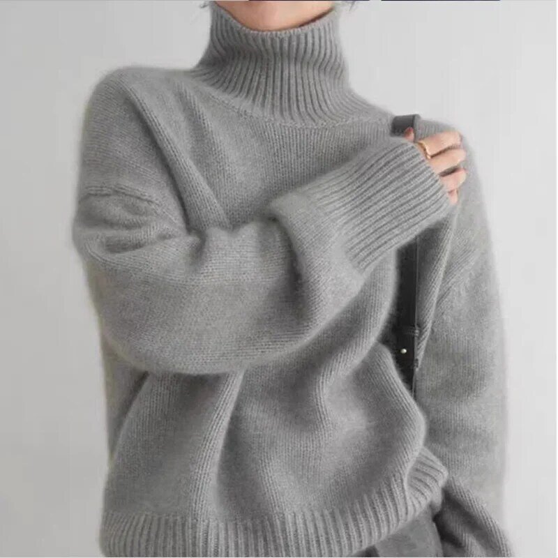 여성용 하이넥 양모 스웨터, 루즈핏 캐주얼, 긴팔 풀오버, 100%, 가을, 겨울, 신상