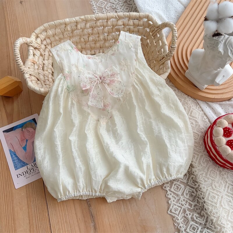 Summer Ins 2024 Baby Girls Rompers Muslin Sleeveless Floral Knotbow Infant Girls Bodysuit Loose Breathable Newborn Girl Outfit