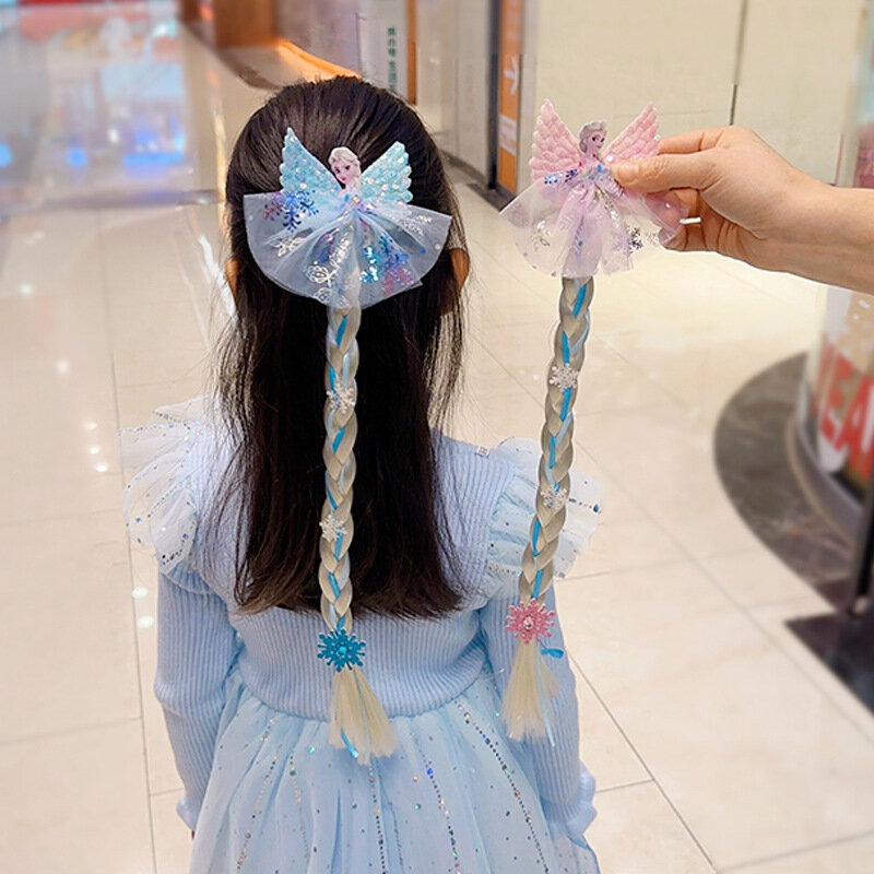 Peluca de princesa Elsa de Frozen de Disney, horquilla trenzada, accesorios para niñas, figuras de Anime, juguetes de dibujos animados para niños, Clip para el cabello Kawaii para bebés, regalos