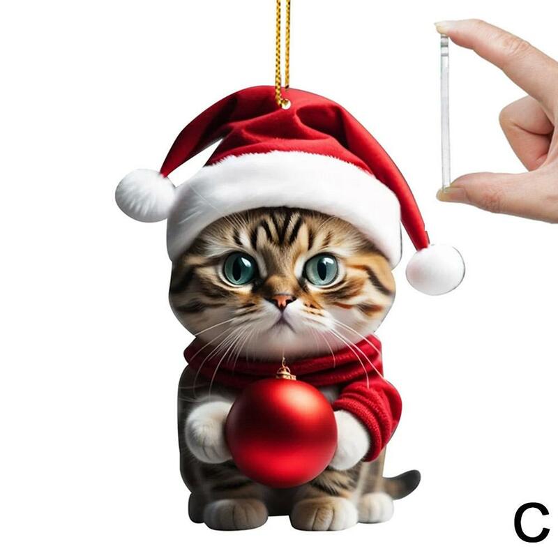 1/8Pcs 2D Acrylic Christmas Cat with Ball Ornament Xmas Tree Hanging Bauble Pendant 2023 Christmas Home Decoration Navidad Gift