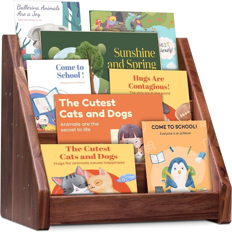 Montessori rak buku balita rak buku Organizer untuk 1-5 tahun, kayu Acacia menghadap depan anak-anak rak buku kayu pembibitan