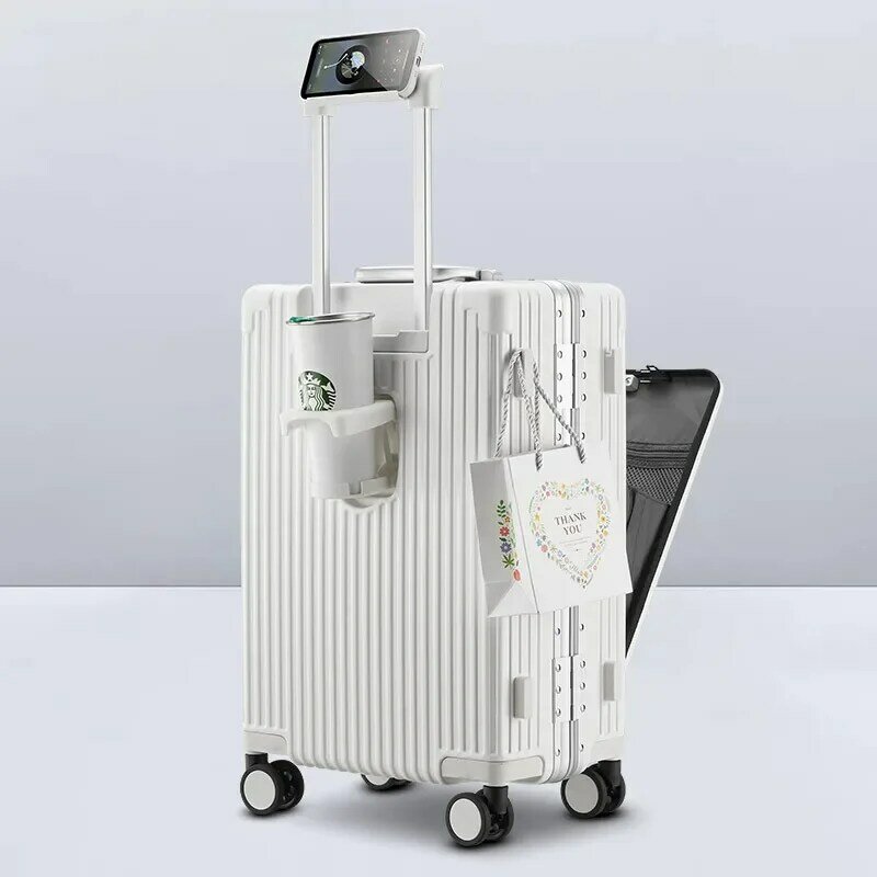 กระเป๋าเดินทางอเนกประสงค์กรอบอลูมิเนียม kopor perjalanan, พอร์ตชาร์จ USB พร้อมที่วางแก้วพับได้กระเป๋าขึ้นเครื่อง