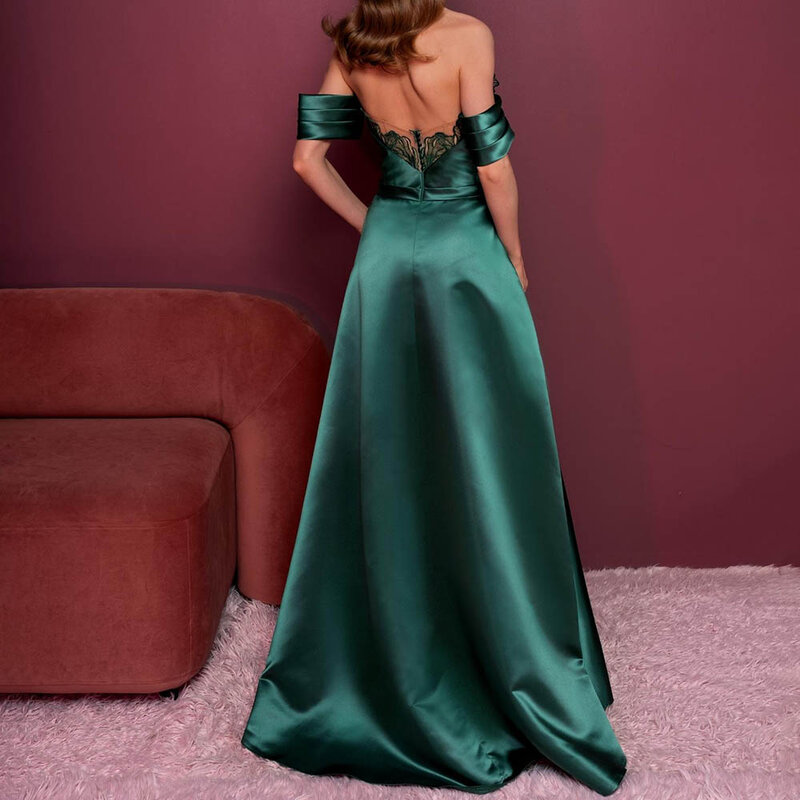 Gaun Prom seksi elegan A-line Tulle bahu terbuka tanpa lengan renda Applique belahan samping panjang lantai menyapu kereta api