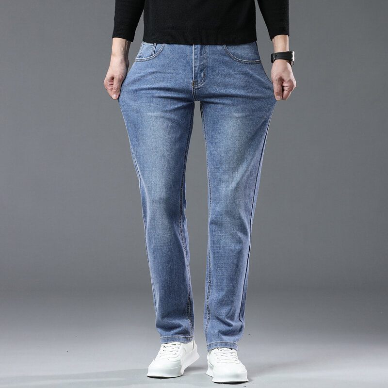 Stretch Straight Jeans Men's Summer Clothes Ultra-thin Soft Business Pants Classic Blue Gray Cotton Denim Trousers