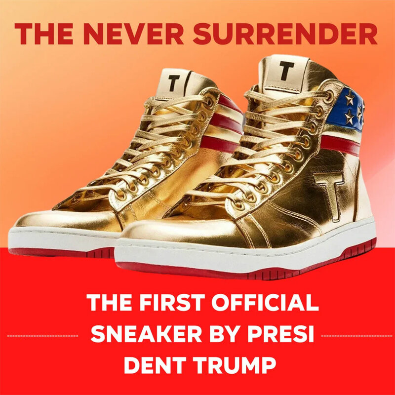 أحذية عالية الجودة لا تحيط بها أبدًا ، أول حذاء رياضي رسمي من الرئيس ترامب جريء ، ذهبي وصعب تمامًا مثل الرئيس ترامب