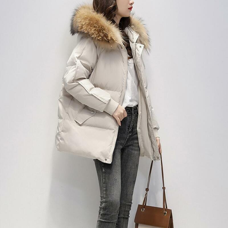 女性のフェイクファーフード付きコート,ジッパー付き,無地,ポケット付き,暖かい,冬のコート
