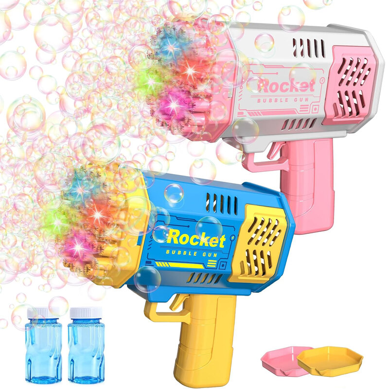 Arma de bolhas para brinquedos infantis Máquina de bolhas de 40 buracos com luz colorida 1 garrafa de líquido Máquina de bolhas para família